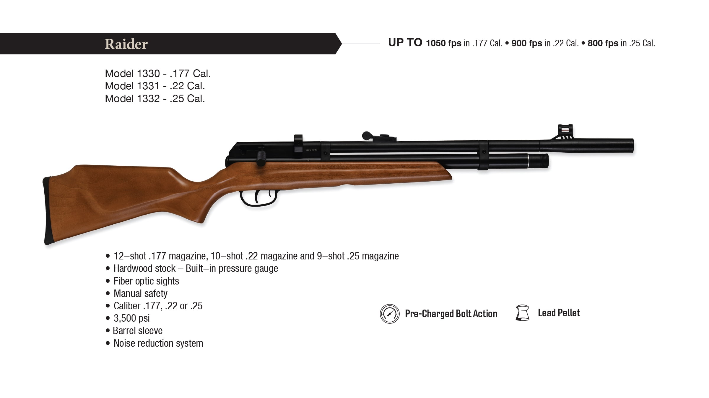 Beeman 1332 Raider .25 PCP Air Rifle with Wood Stock and 9-Shot Magazine