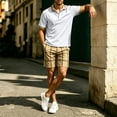 thumbnail image 4 of LEKWK 2 Piece Set for Men Plaid Short Sleeve Henley Collared Casual Tops and Elastic Waist Shorts Loose Fit Fashion Summer Beach Vacation Outfits, 4 of 6
