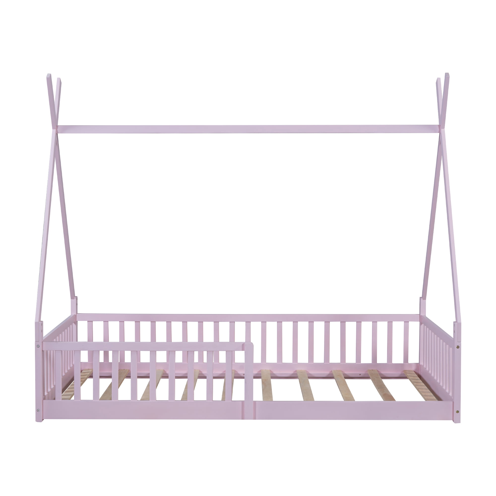 Kumix Tent Floor Bed with Fence Guardrail, Wooden Twin Size Floor Bed with Triangle Framework for Teens Boys and Girls, Floor Bed with Slats Supports for Bedroom, Noise-Free, Pink