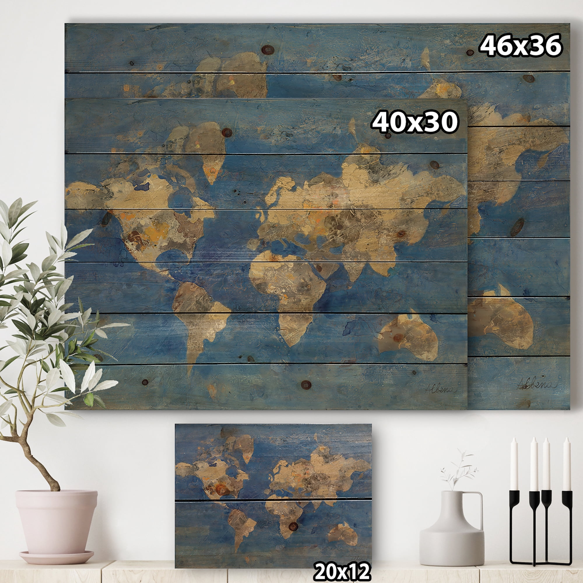 Designart 'Golden Blue World Map' Glam Print on Natural Pine Wood