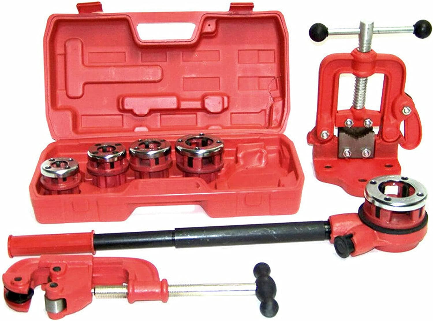 Miumaeov Ratchet Pipe Threader Kit Ratcheting Pipe Threading Tool Set Portable Manual Threader Ratchet Type with 3/8'' 1/2'' 3/4'' 1'' 1-1/4'' Pipe with Storage Case
