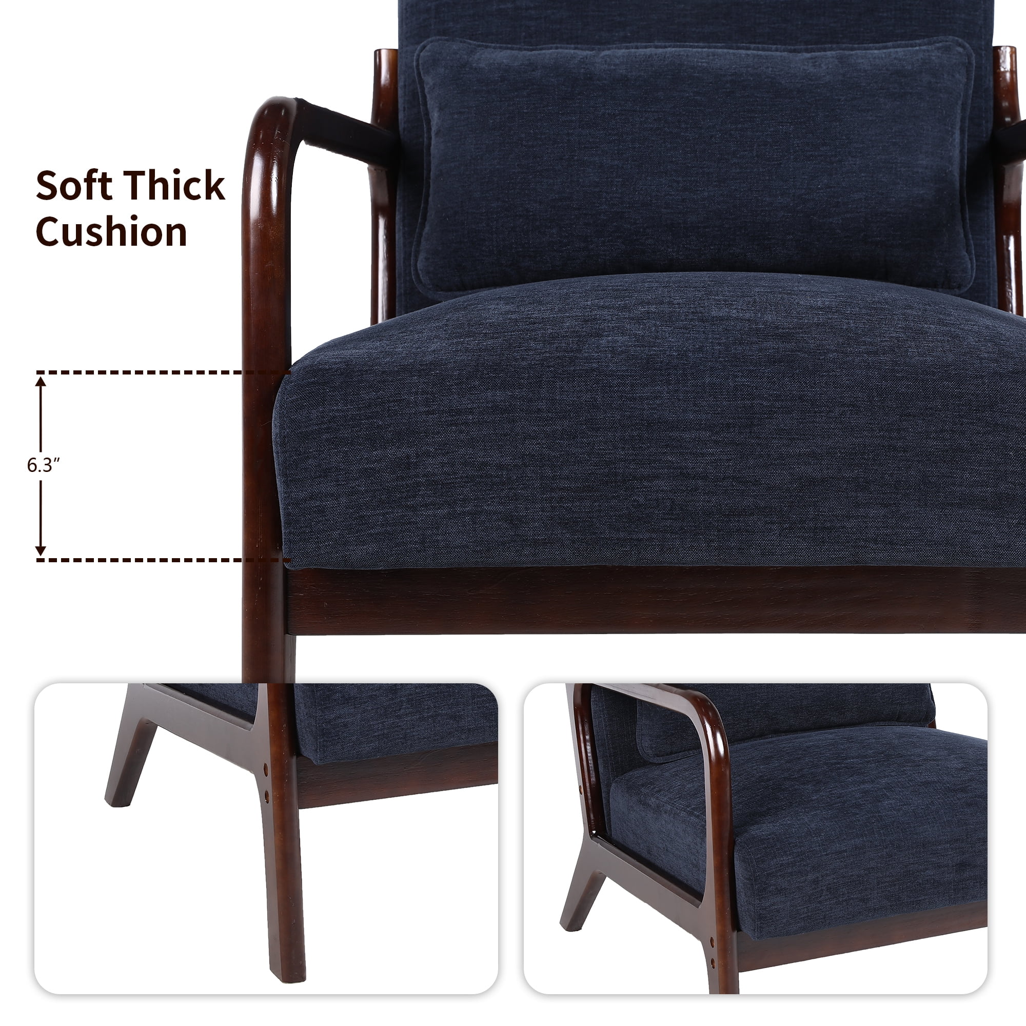 Leumius Accent Chair, Mid Century Modern Armchair with Solid Wood Frame and Detachable Lumbar Pillow for Living Room, Bedroom, Office Blue
