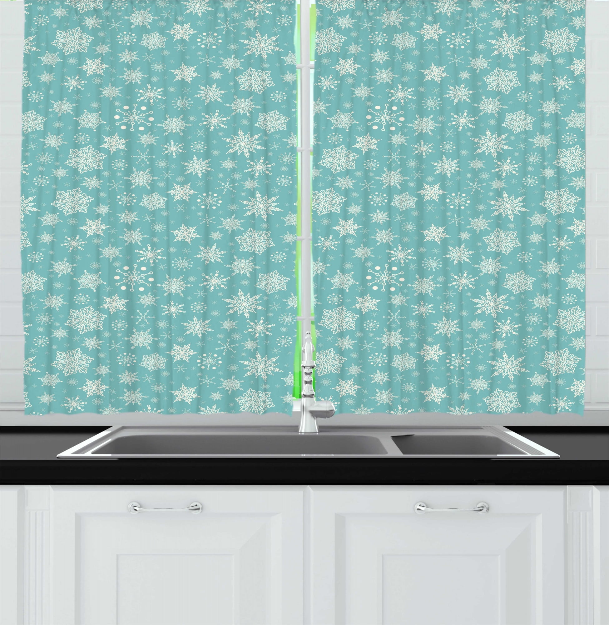 Snowflakes Kitchen Curtains, Winter Themed Pattern of Continuous Lacey