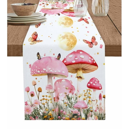

Table Runner Dresser Scarves 60 Inch Long Watercolor Pink Mushroom Butterfly Linen Dining Table Runners Farm Flower Plant Moon Tabletop Scarf for Wedding Holiday Party Kitchen