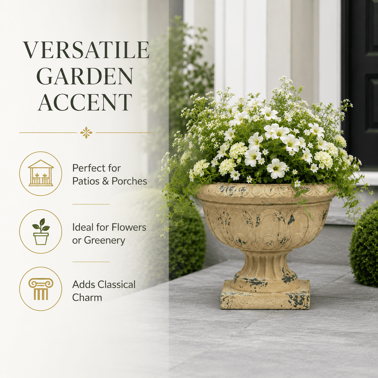 Aukfa Large MGO Garden Urn Planter, Outdoor Tall Decorative Stone-Look Flower Pot with Drainage Hole & Weather-Resistant, White