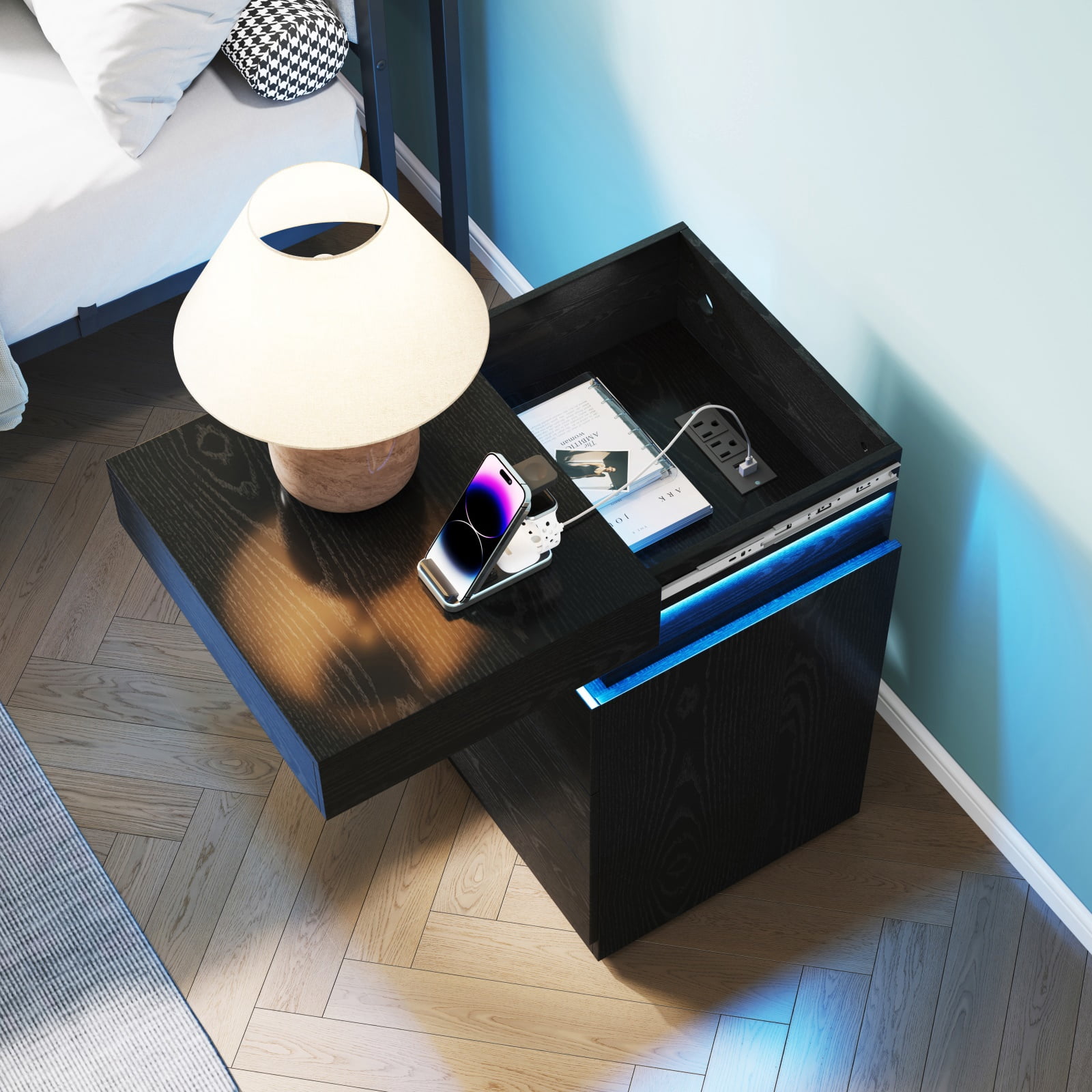 Hommoo 3-Drawer Nightstand with Built-In Charging Station and LED Lighting, Sliding-Top Modern Bedside Table, Wooden End Table, Black