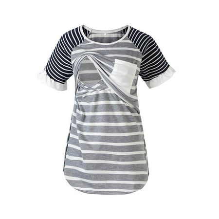 

Nursing T shirt Maternity Top for Women Ladies Fashion Stripe Print Short Sleeve Pregnant Woman Breastfeeding Casual Clothe Top