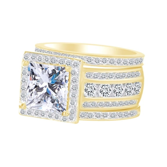 AFFY Princess & Round Cut White Cubic Zirconia Trio Engagement Wedding Ring Set In 10k Solid Yellow Gold Ring Size-4