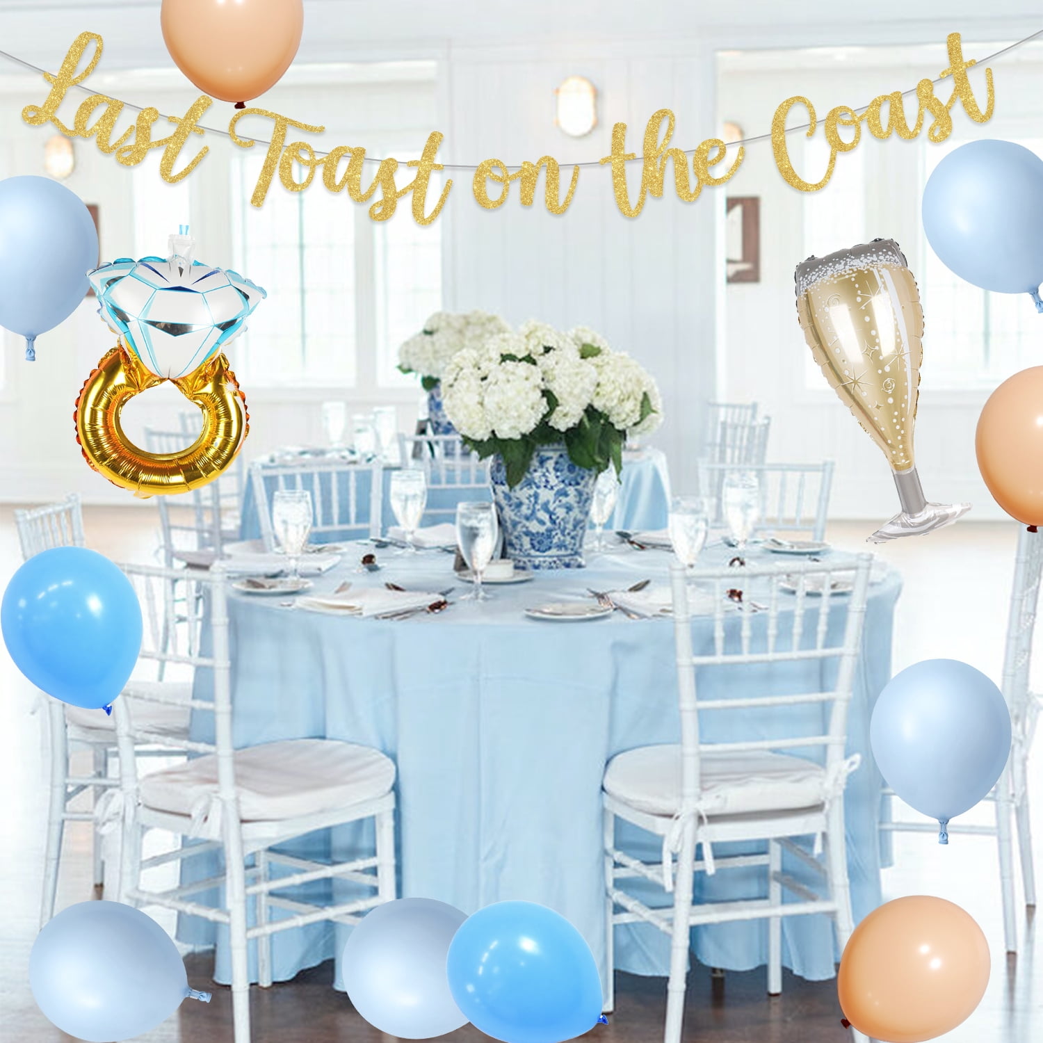 Bachelorette Party Decorations Glitter Gold Last Toast on The Coast Banner with Blue Apricot Balloon Garland Arch Kit, Ring and Champagne Foil Balloons for Hen Party Beach Wedding Engagement Decor