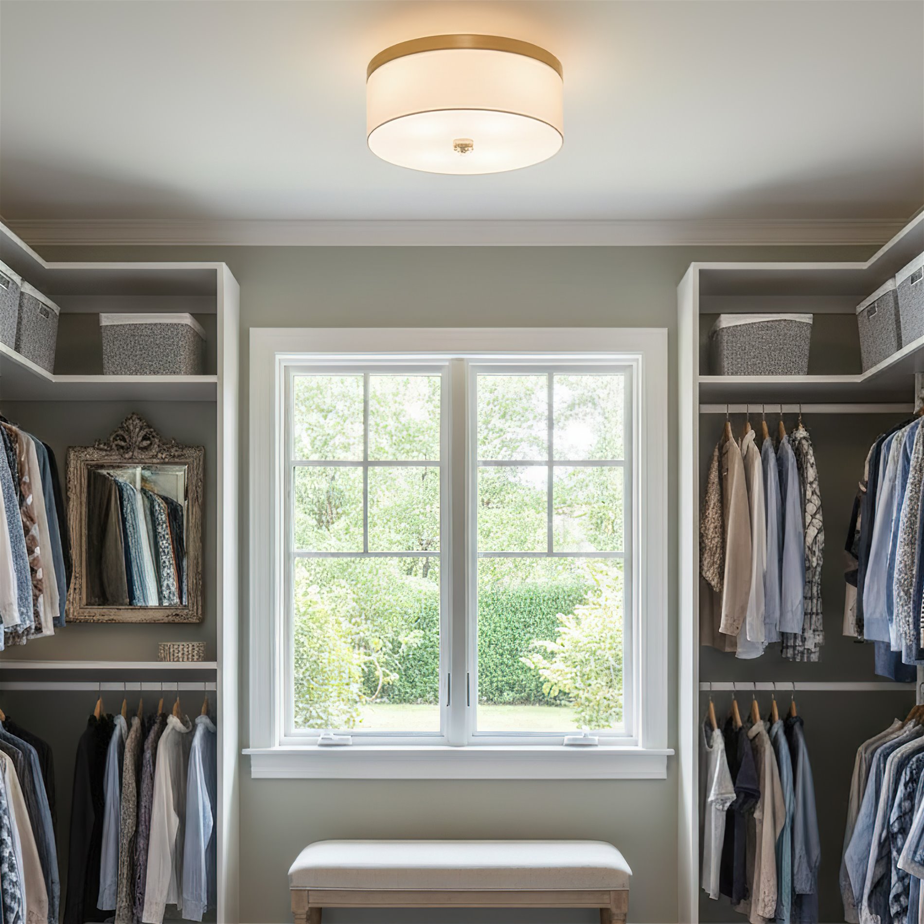 Kira Home Walker 15" Drum Gold Flush Mount Ceiling Light, White Fabric Shade, Frosted Glass Diffuser, Close to Ceiling