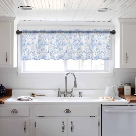 Watercolor Blue Floral Valance Curtains for Kitchen/Living Room/Bathroom/Bedroom Window, Blue Ombre Botanical Summer Rod Pocket Small Topper Half Short Window Curtains Voile Sheer Scarf 54"x18"