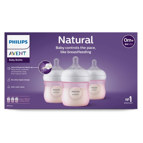 Philips Avent Natural Baby Bottle with Natural Response Nipple, Pink, 4oz,3pk, SCY900/13