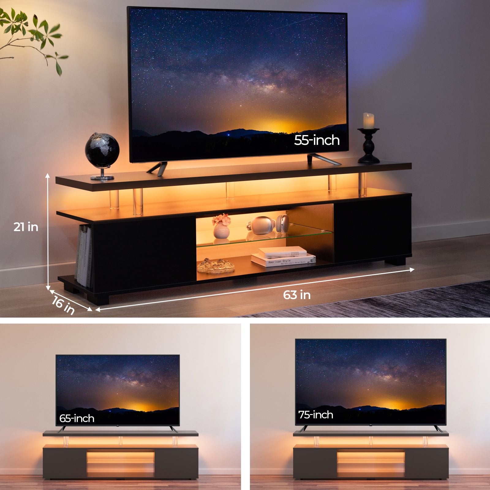 Cubehom 63'' TV Stand for 70 inch TV LED Entertainment Center with Storage, Black