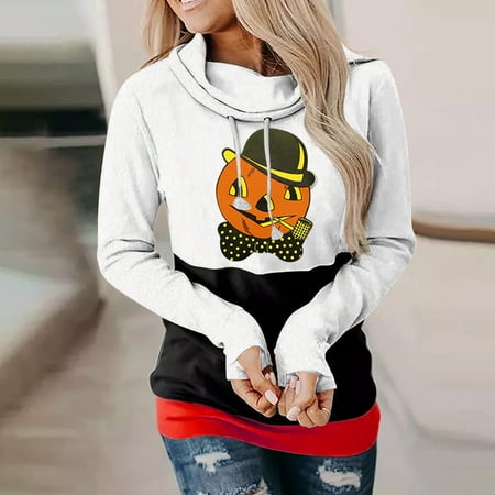 

jsaierl Womens Sweatshirt Loose Fit Long Sleeve Hooded Pullover Pumpkin Halloween Hoodies Sweatshirt Workout Tops for Women Comfy Tunic Halloween Top for Teen Girls