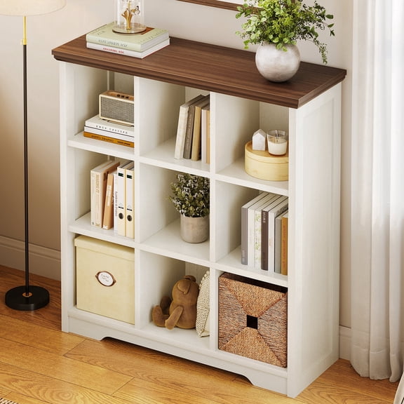Casacomoda 9 Cube Storage Organizer, Cube Bookcase with Open Storage Shelves, Modern Farmhouse Cube Organizer, Bookshelf for Living Room, Bedroom, Walnut & White