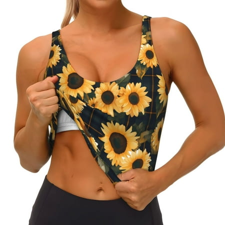 Qokaie Scottish Blue Plaid Sunflower Pattern Womens Scoop Neck Sports Bra Breathable Workout Vest Padded U Back Medium Impact Fitness Gym Yoga Bra Workout Crop Top