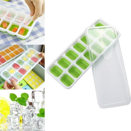 

MRULIC Ice Cube Mold 1 Pc Covered Ice Cube Tray Set With 14 Ice Cubes Molds Flexible Rubber Plastic + Green