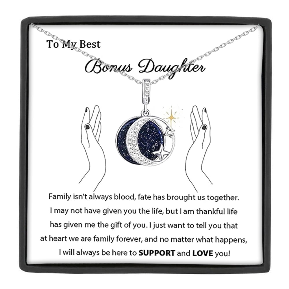 MASALADI Best Bonus Daughter Moon and Star Necklace, Heartwarming Stepdaughter Celestial Keepsake for Graduation Birthday Christmas