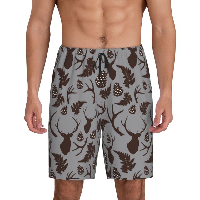 Balery Brown Moose with Pinecones Pantalones cortos de pijama de punto de algodón para hombre con cinturilla y bolsillos-X-Large