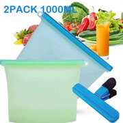 2Pack Silicone Stand Up Food Bag Extra Thick Freezer Bag Lunch Sandwich Snack Meat Fruit-1000ml
