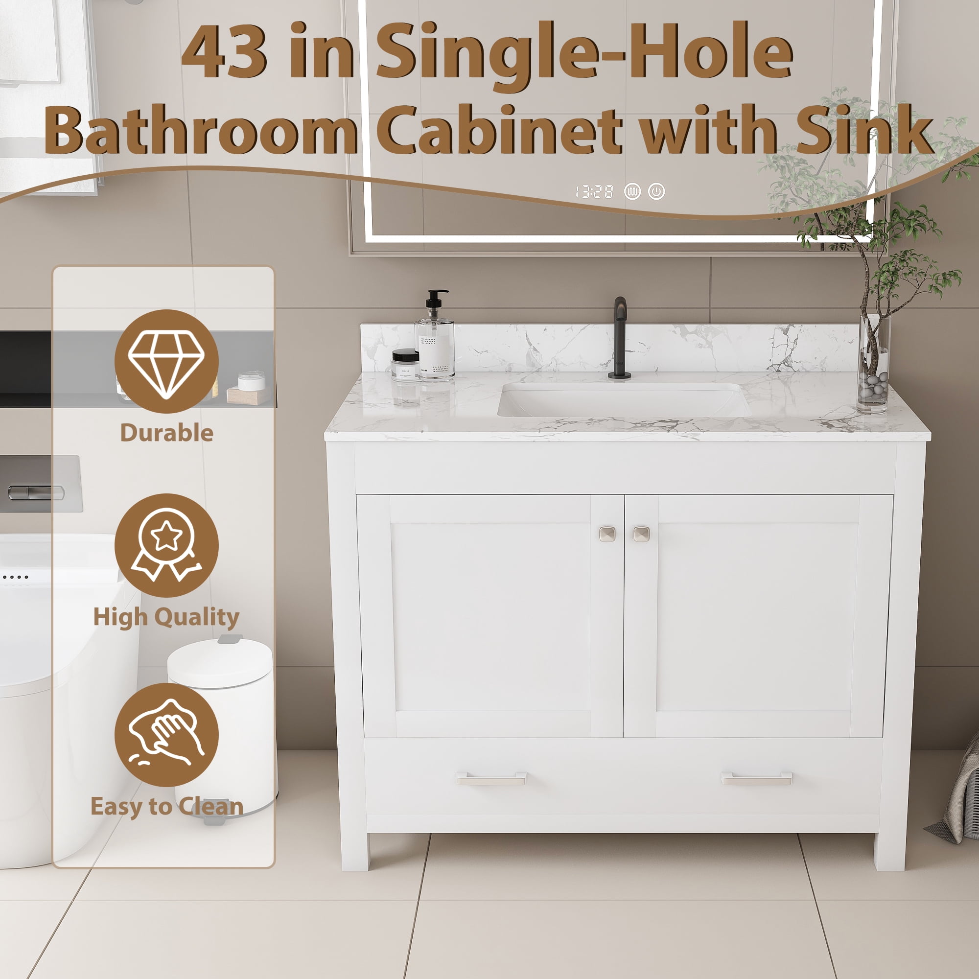 Mintazer 43 Inch Bathroom Vanity Cabinet with Sink, Bathroom Storage Cabinet with Drawer & Single‑Hole Marble‑Pattern Vanity Top for Bathroom, White