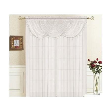 2 Pocket Border Sheer Valance Rod Pocket, Lightweight Solid Sheer with Tassel Fringe Border, Single Window Waterfall Valance, 36