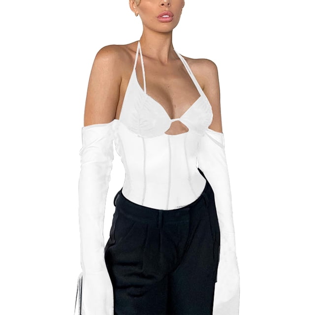 Top de malla con retazos para mujer, camiseta transparente con cuello Halter y espalda descubierta y hombros descubiertos, camiseta ajustada calada