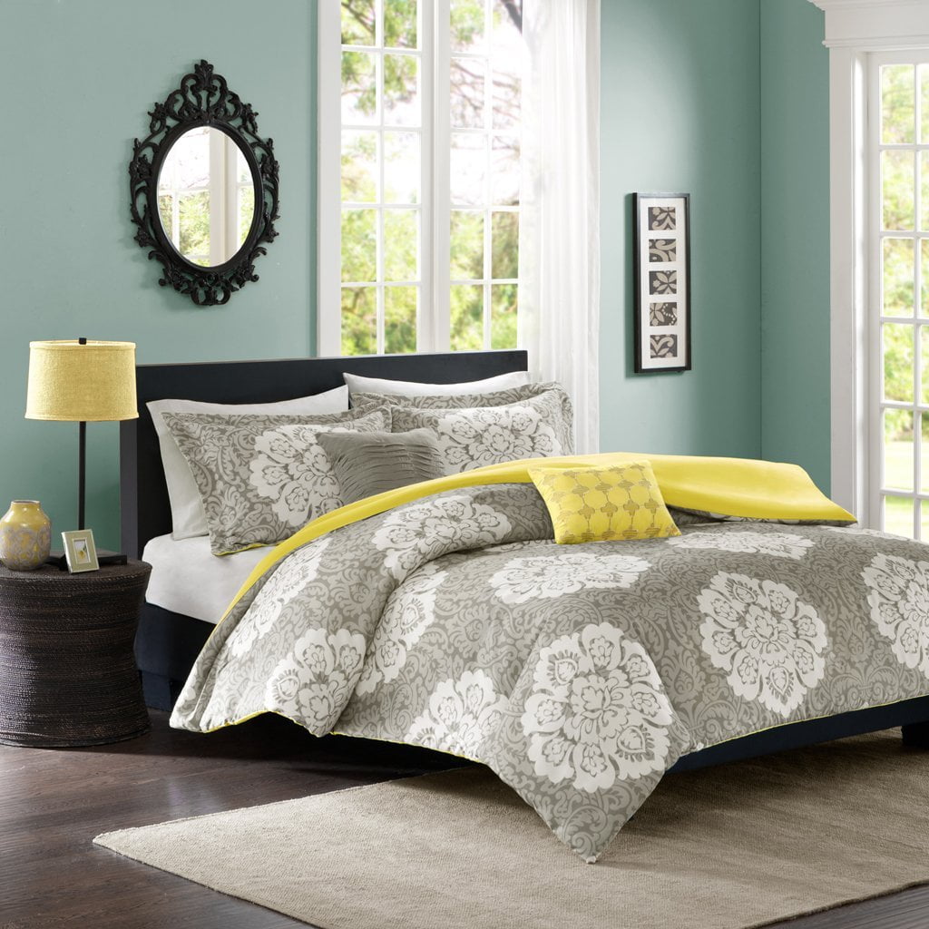 Luxury Yellow Grey White Floral Duvet Cover Bedding Set And