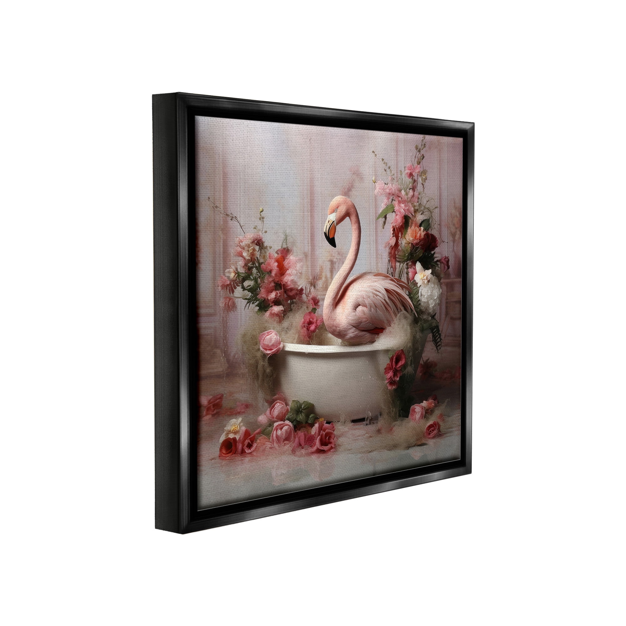 Stupell Industries Flamingo in Stately Bathroom Animals & Insects Painting Black Floater Framed Canvas Art Print Wall Art, 18 x 18