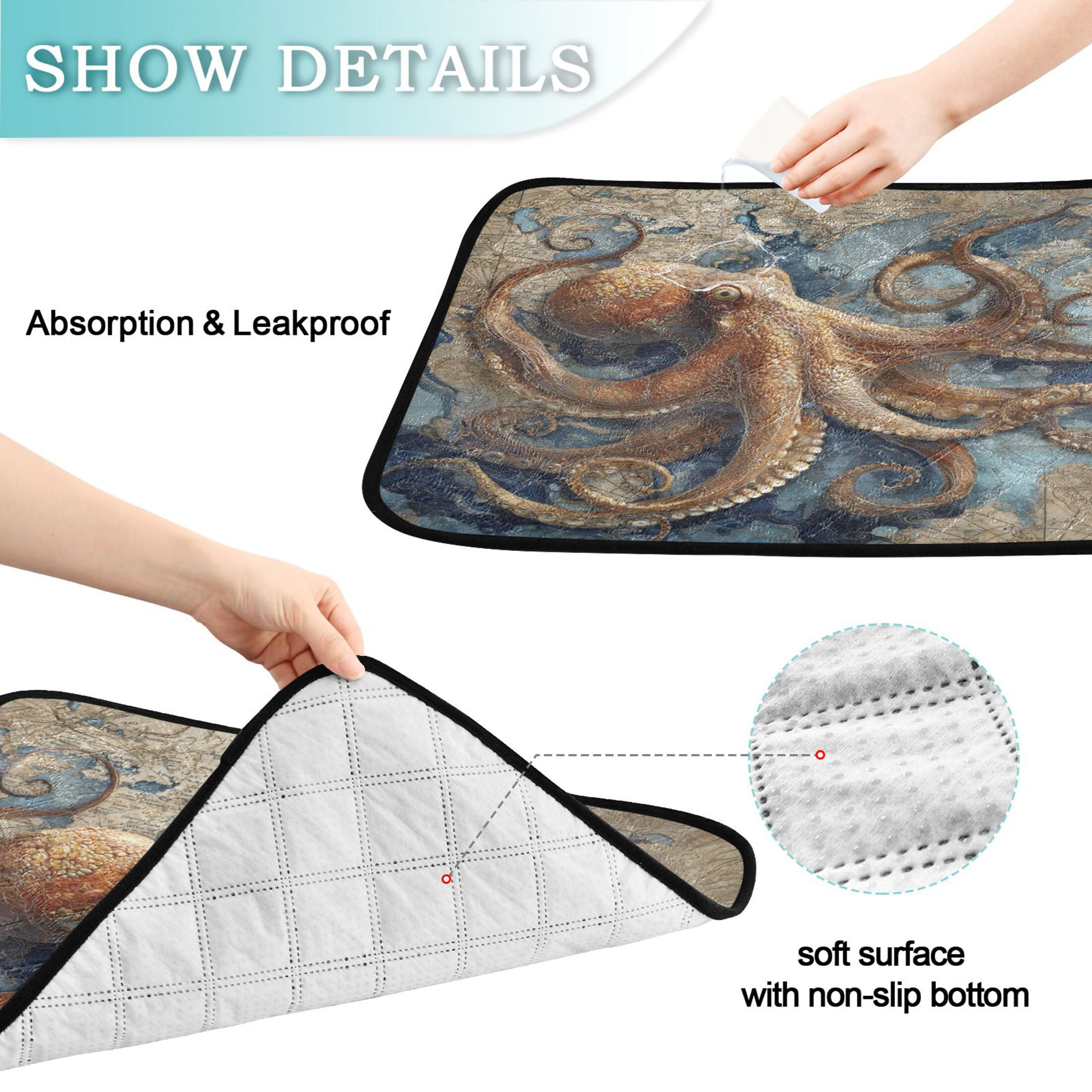 Qxltty Deep Sea Octopus Cat litter Pads Pet Set of 2 Diaper Mats Center Anti-leakage Layer Absorbent Soft and Comfortable