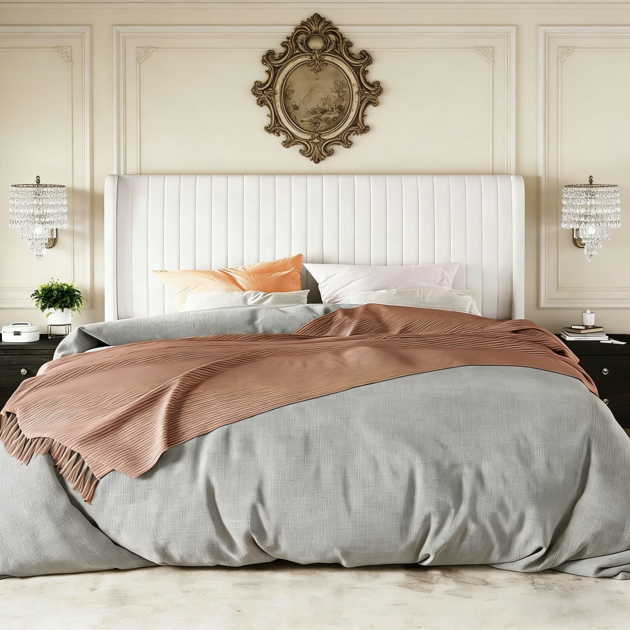 Velvet Queen Bed Frame with Vertical Channel Tufted Wingback Headboard – Upholstered Platform Bed, No Box Spring Needed, Strong Wooden Slats, Easy Assembly, White