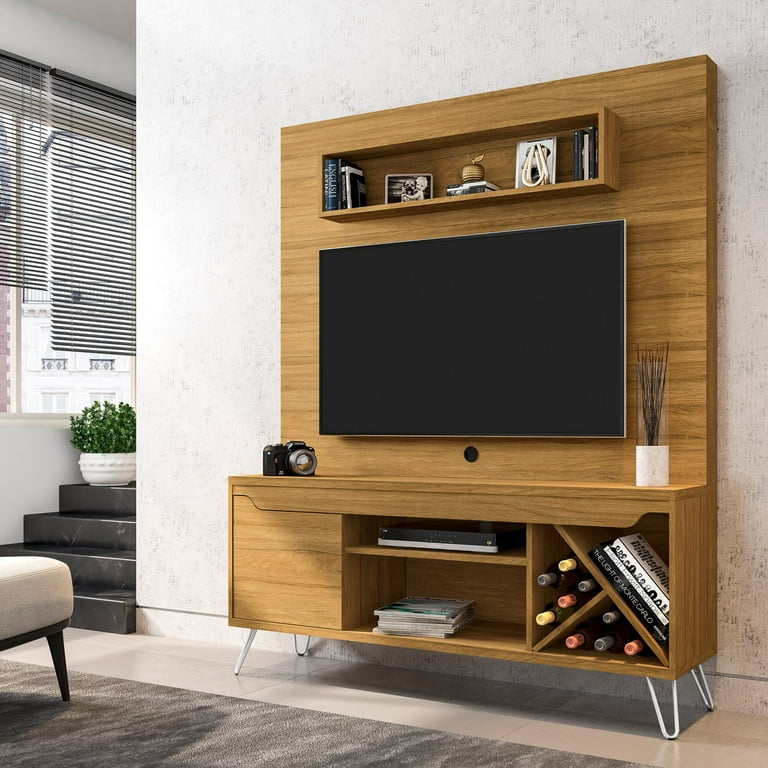 Manhattan Comfort Baxter 53.54 Mid Century Modern Freestanding Entertainment Center with Media Shelves and Wine Rack in Rustic Brown and Yellow
