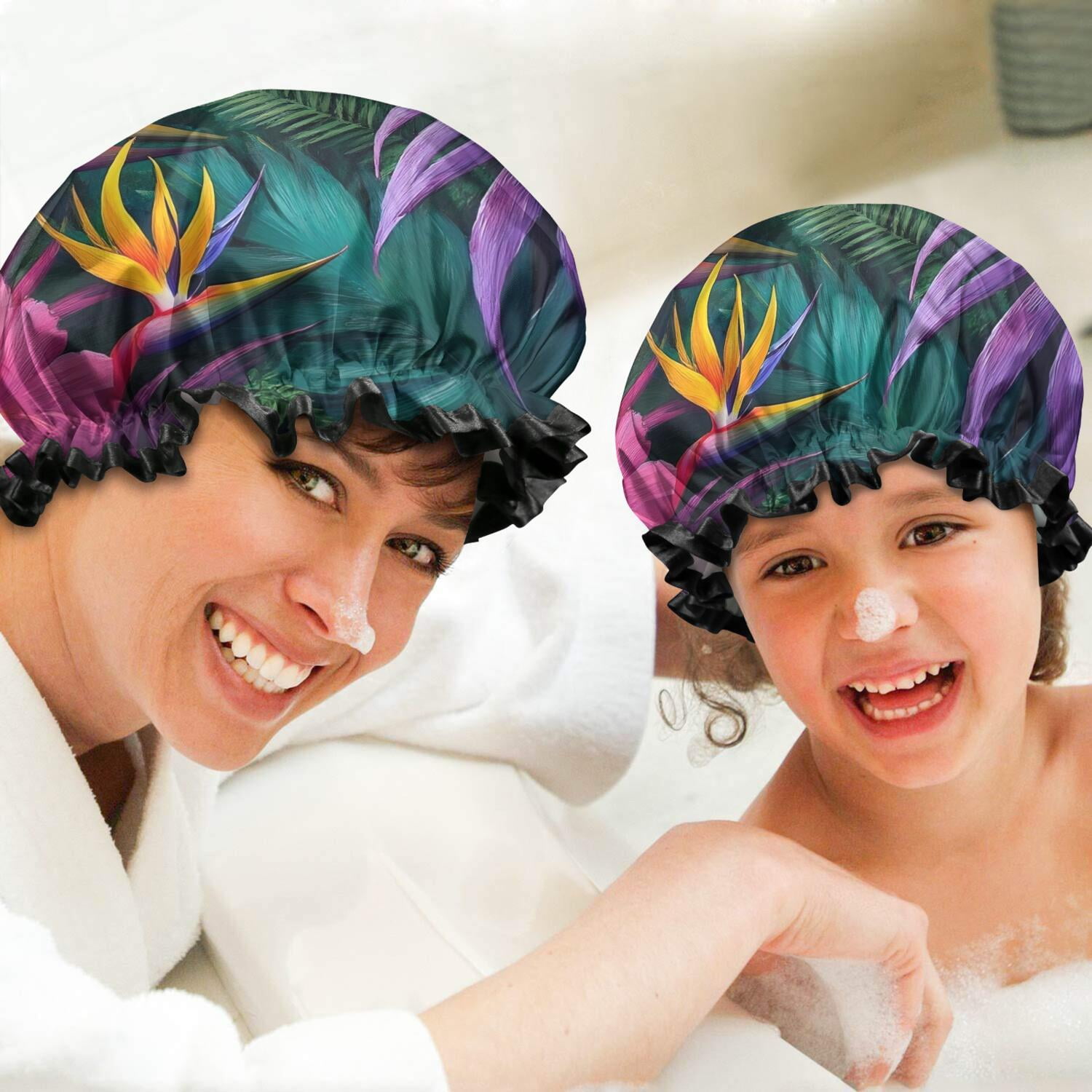 Shower Caps,Colorful Tropical Leaf Pattern Waterproof Shower Cap for Women 4 Pieces,Double Reusable Hair Cover for Shower PEVA Elastic Stretch Hem