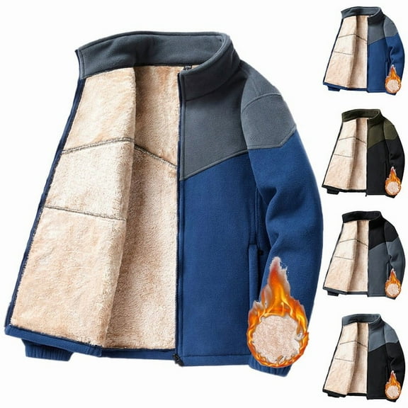 YHAJDS Men's Winter Casual Coat,Men Winter Coats Fleece Sweater Men Men's Long Sleeve Collarless Casual Jacket Lamb Fleece Filled Color Block Thickened Warm Sports Style