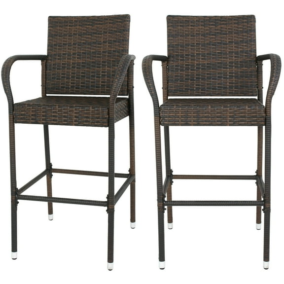 SuperDeal Wicker Bar Stool Outdoor Patio Rattan Chair Metal Frame Set of Two, Brown