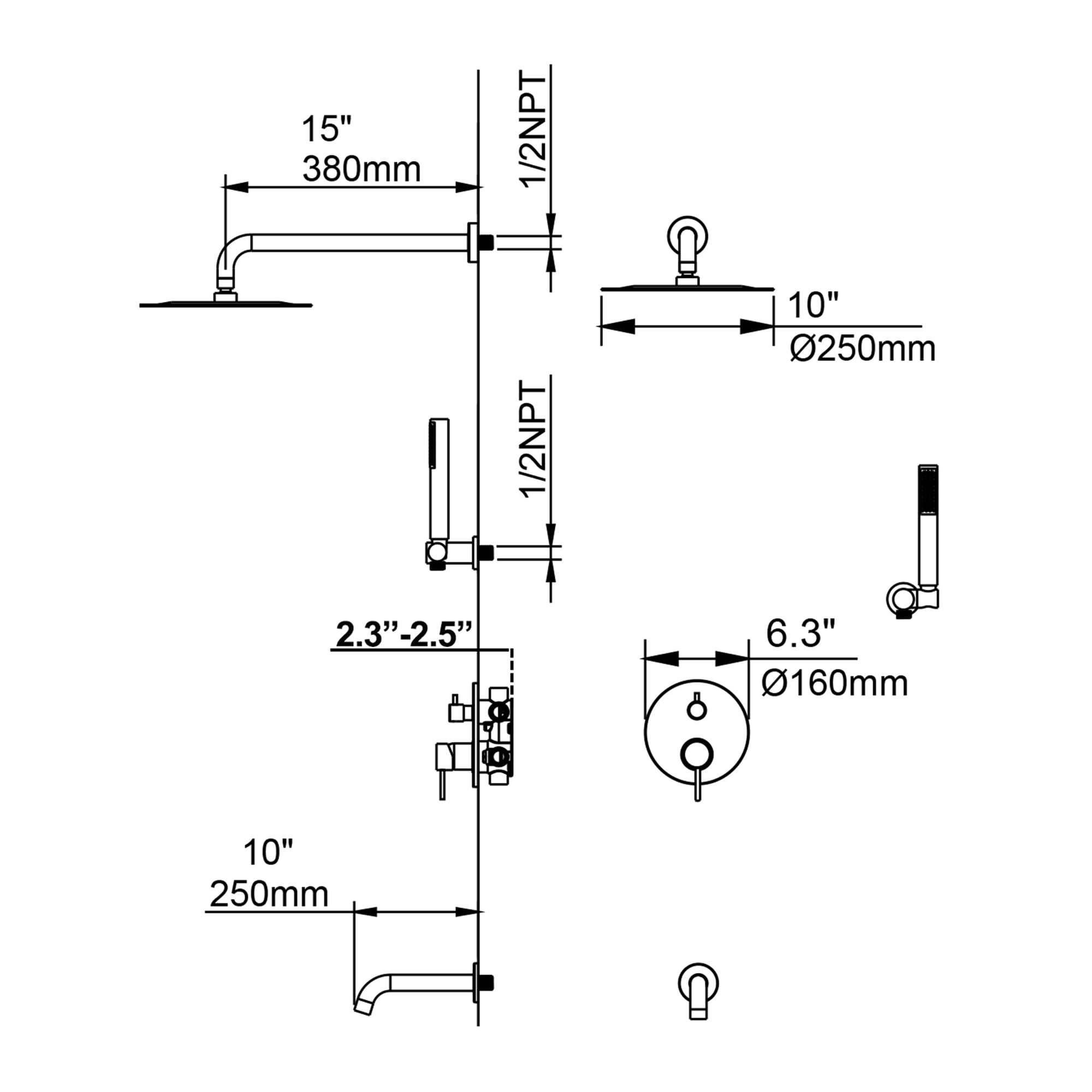 Three Functions Complete Shower System, Shower Faucet Set with Bathroom Bathtub Faucet with Rough-in Valve