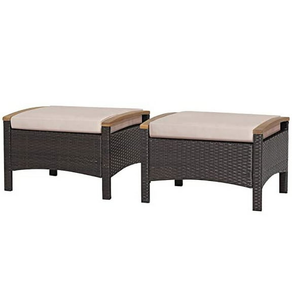 RELAX4LIFE Outdoor Wicker Ottomans for Patio - 2 Pieces PE Rattan Ottoman, Footrest Seat with Zippered Cushions, Acacia Wood Handles, 3-in-1 Footstool, Side Table for Poolside, Bac