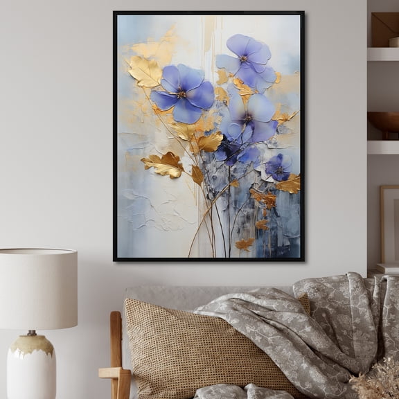 Designart "Exquisite Violets In Blue And Gold Hues III" Violets Floater Framed Canvas Wall Art