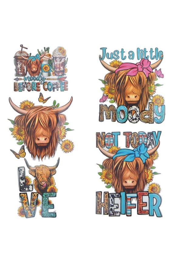 5pcs Cow Head Heat Transfer Stickers Iron On Decals Custom Western Cowboy Vinyl Patches Iron-on Transfers Appliques for DIY Clothing T-Shirt Jeans Jackets Pillow Bags Hats Decor
