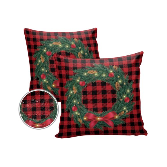 Pack of 2 Outdoor Pillow Covers, Christmas Wreath Buffalo Plaid Waterproof Square Throw Pillowcase Cushion Decorative Pillow Covers for Couch Patio Tent, 26x26 in