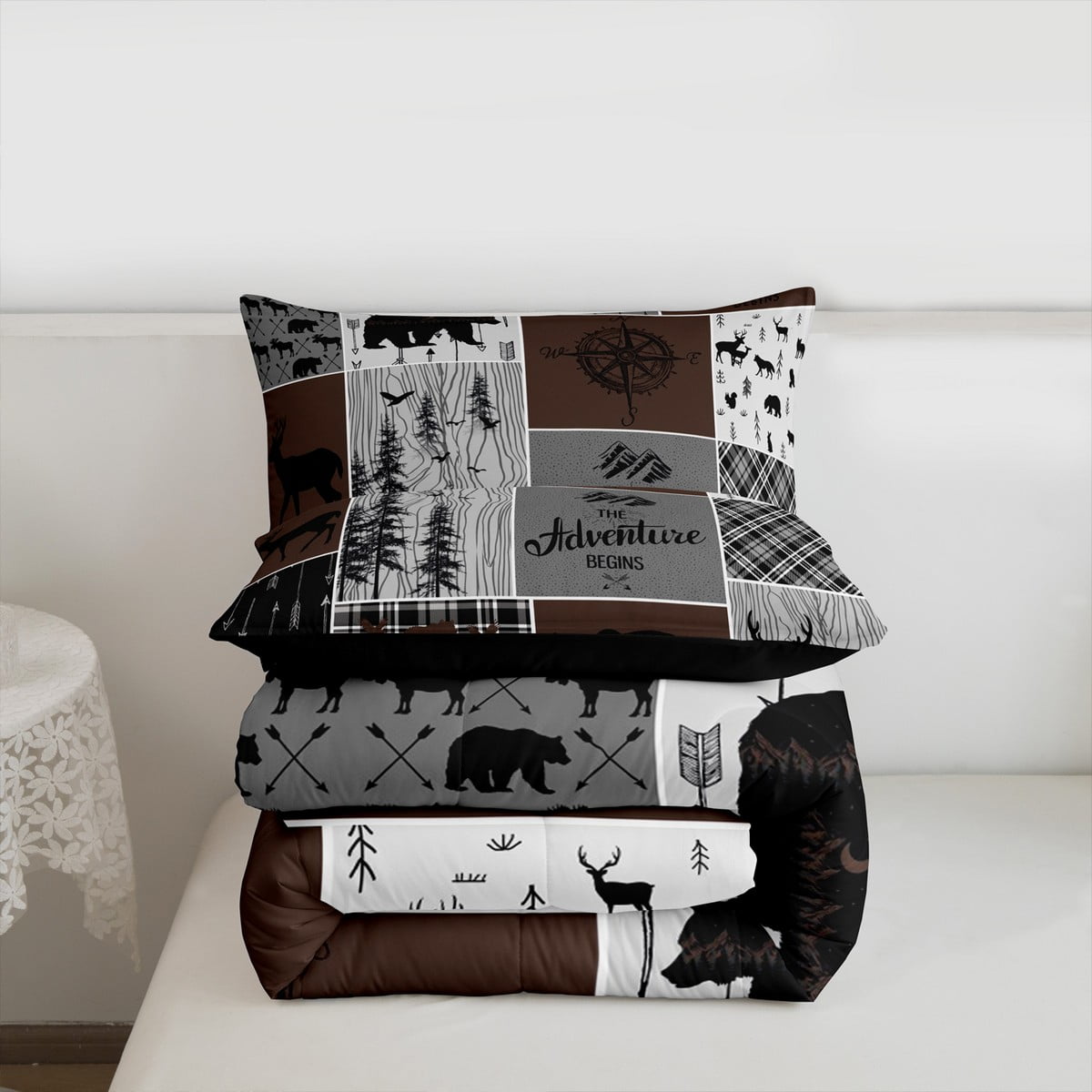 Retro Farmhouse Cabin Quilt 3Pcs, Rustic Bear Deer Comforter Set Queen Size Teens Adult Men, Camping Lodge Decor Bedding Buffalo Check Plaid Hunting Animal Duvet Insert, Brown Gray