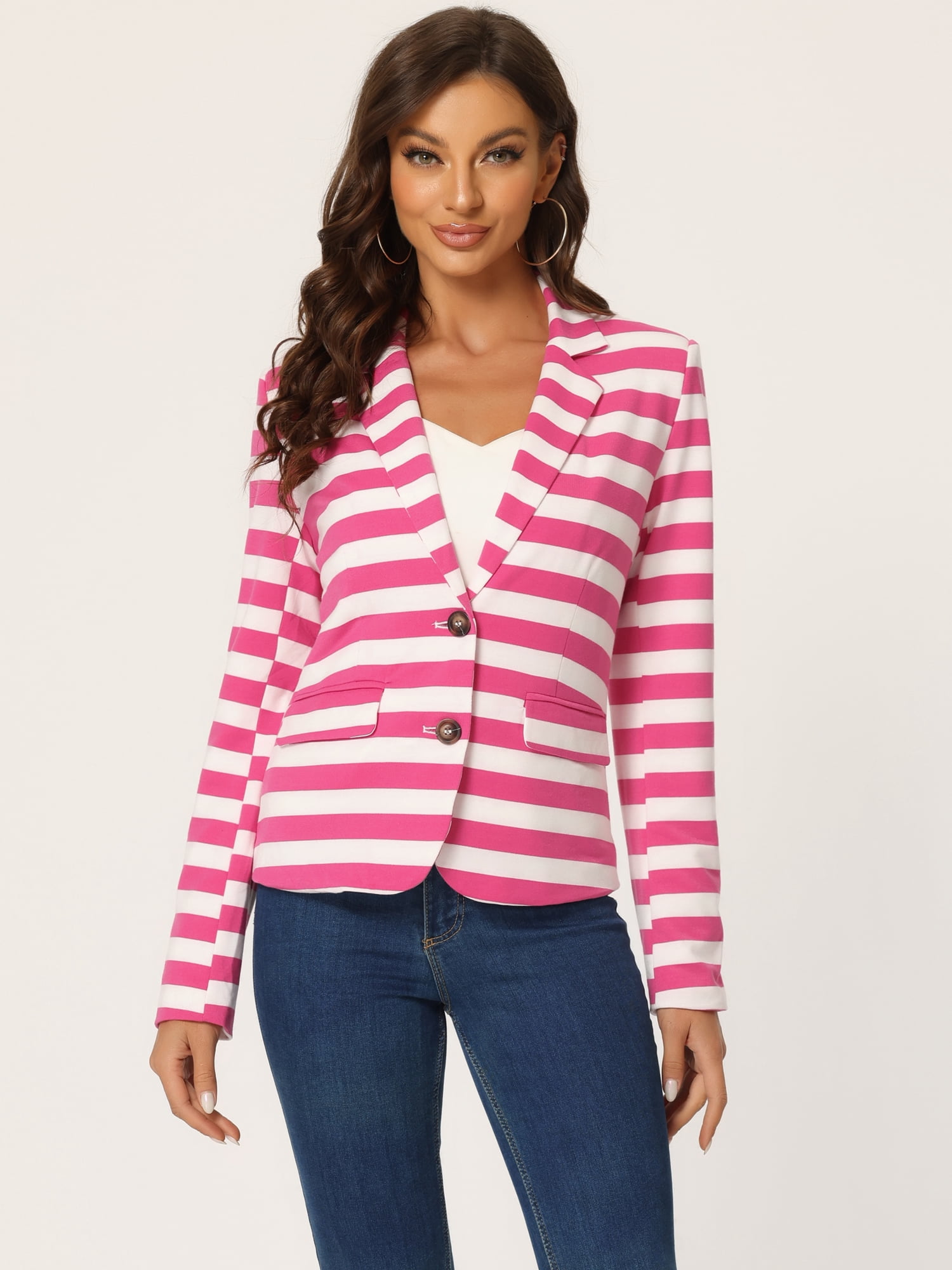 DARING DIVA Women's Striped Notched Lapel Button Closure Blazer S Hot Pink White