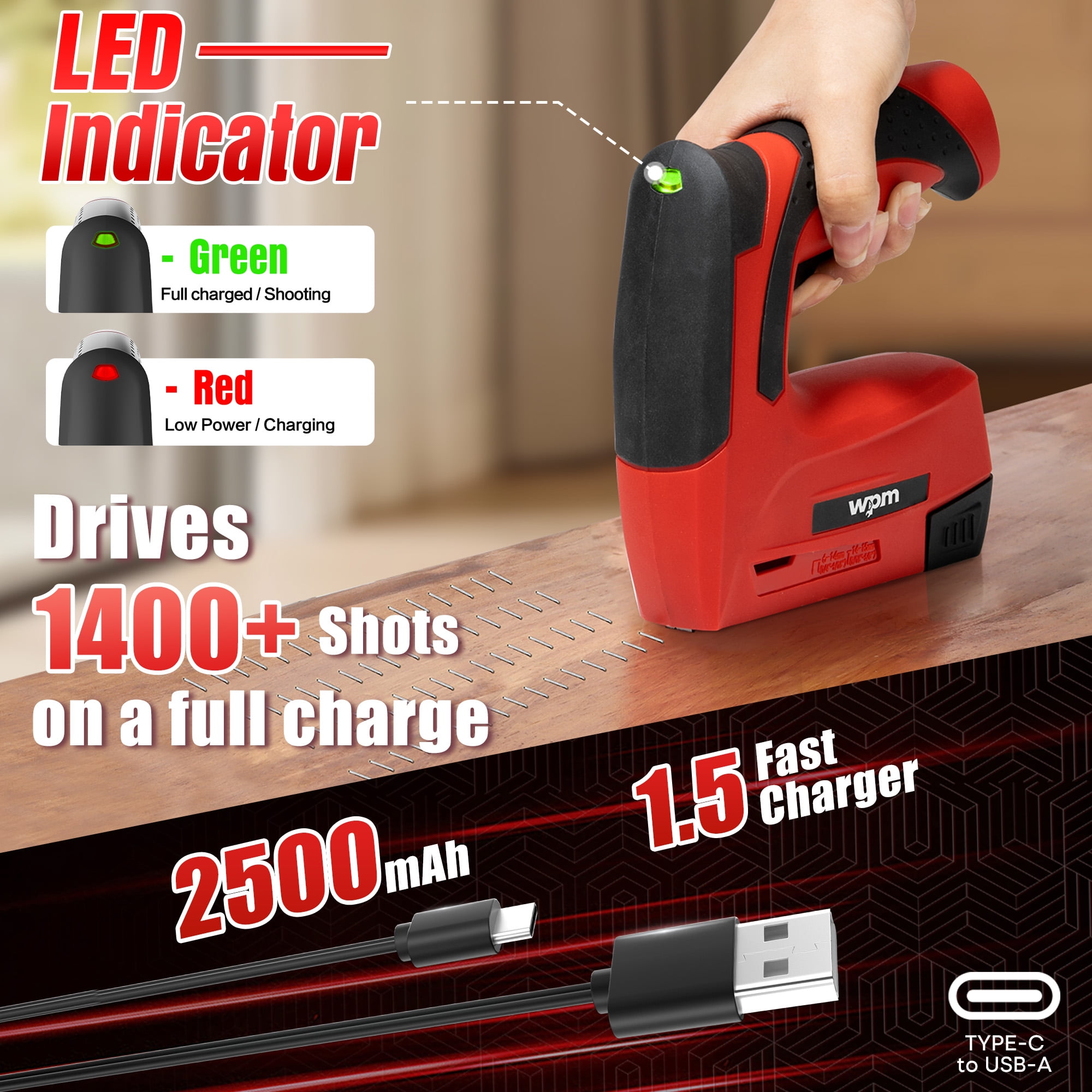 WPM Electric Staple Gun, 3 in 1 Cordless Staple Gun for Wood, 4V Rechargeable Staple Gun Kit w/ 1500 Staples Nails, Staple Remover & Fast Charger for Crafts, DIY, Decoration