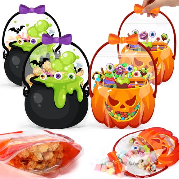 24 Pcs Halloween Bags Plastic Halloween Goodie Bags with Handles Scary Cauldron Sealed Pouch Sealing Pumpkin Treat Candy Pouch for Scary Holiday Party Candy Gift Supplies Decor