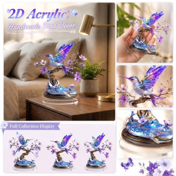 Handmade 2D Acrylic Bird Tabletop Ornament, Spring Decorations for Home, Spring Table Centerpiece, Kitchen Table Decor Centerpiece, 8X8 Inch Colorful Hummingbird with Purple