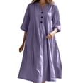 thumbnail image 1 of asddcavvf Robes pour Femmes Mode Décontractée Couleur Unie Col en V Manches Mi-Longues Lin Ample Versio, 1 of 6