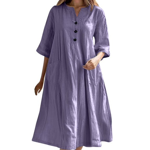 Women's Casual Linen Dress V Neck Half Sleeve Loose Fit Pocket Detail Comfortable Summer Outfits Breathable Stylish Everyday Wear
