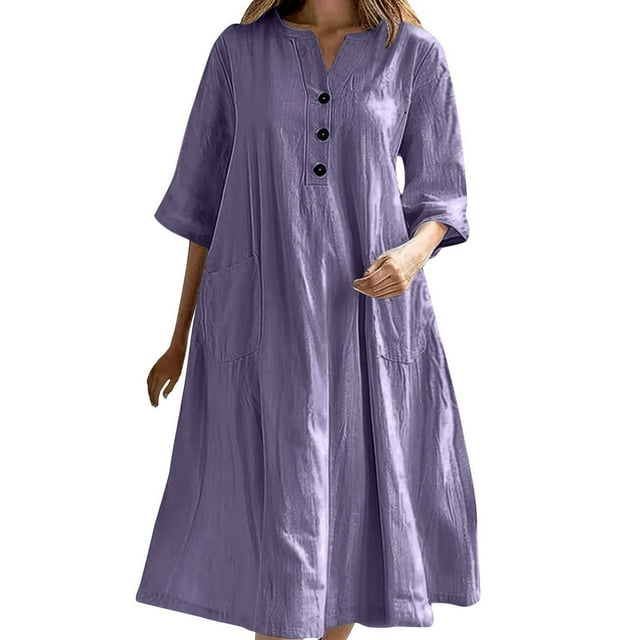 asddcavvf Robes pour Femmes Mode Décontractée Couleur Unie Col en V Manches Mi-Longues Lin Ample Versio