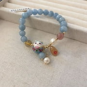 CUNXIN Personality Cute Simple Pearl Ethnic Style Fortune Cat Emerald Bangles Blue Maneki Neko Jade Bracelets Korean Style Bracelets Bead Bracelets Female Hand Chain B