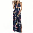 thumbnail image 2 of Sakmal Beach Casual Jumpsuits for Women Sleeveless Blue Flowy Split Overalls Floral Wide Leg Halter Full Pants with Pockets, 2 of 6